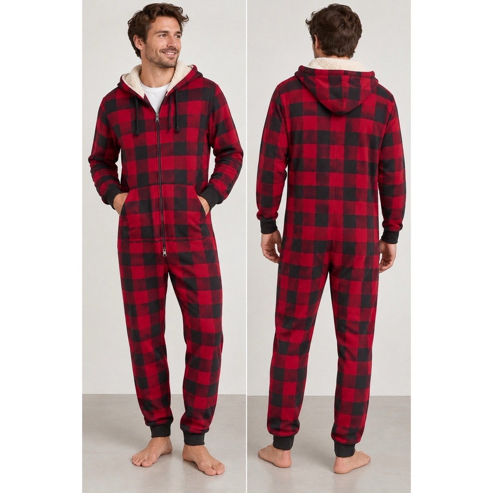 Abercrombie & Fitch Plaid Sherpa Lined Hooded One Piece Pajama Jumpsuit Mens S/M